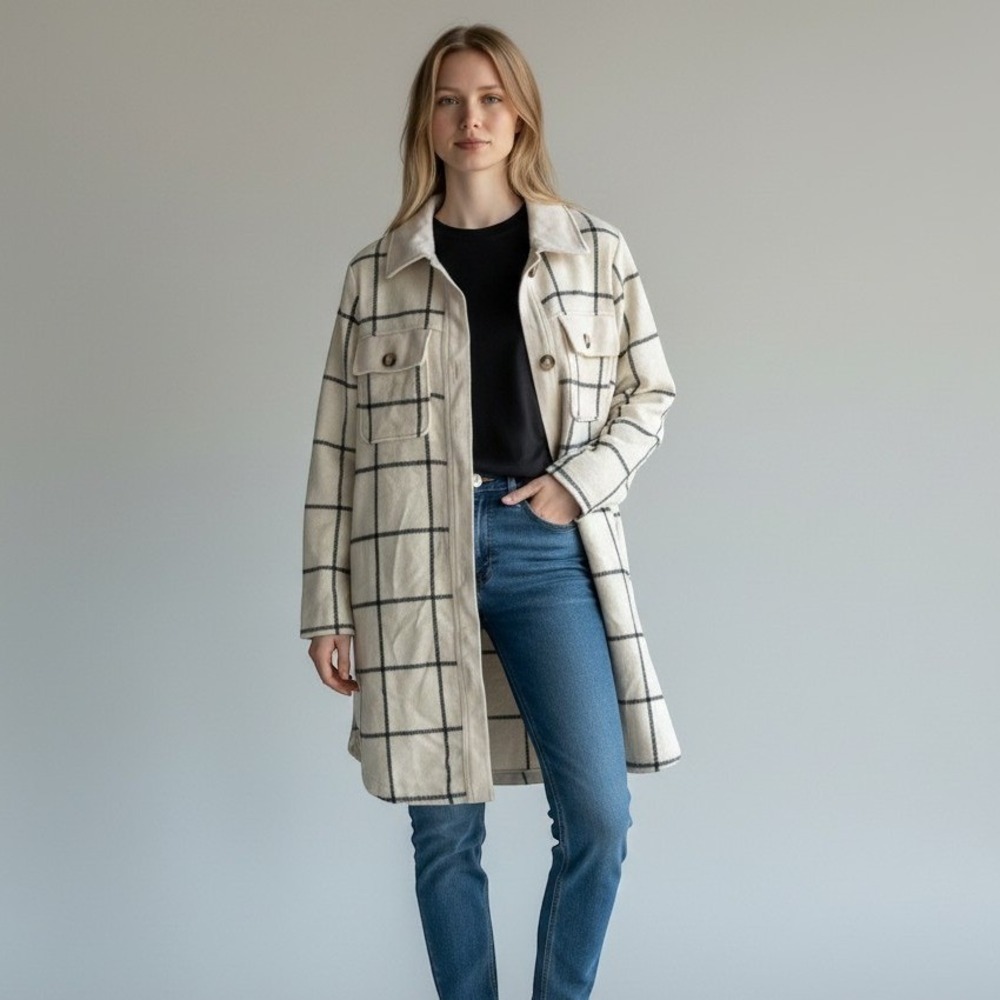 Melloday Windowpane Plaid Longline Shacket Women Size S Cream Black CoquetteGirl